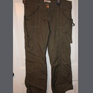 Khaki Brown Capri Lace Up Rose Embroidery Cargo